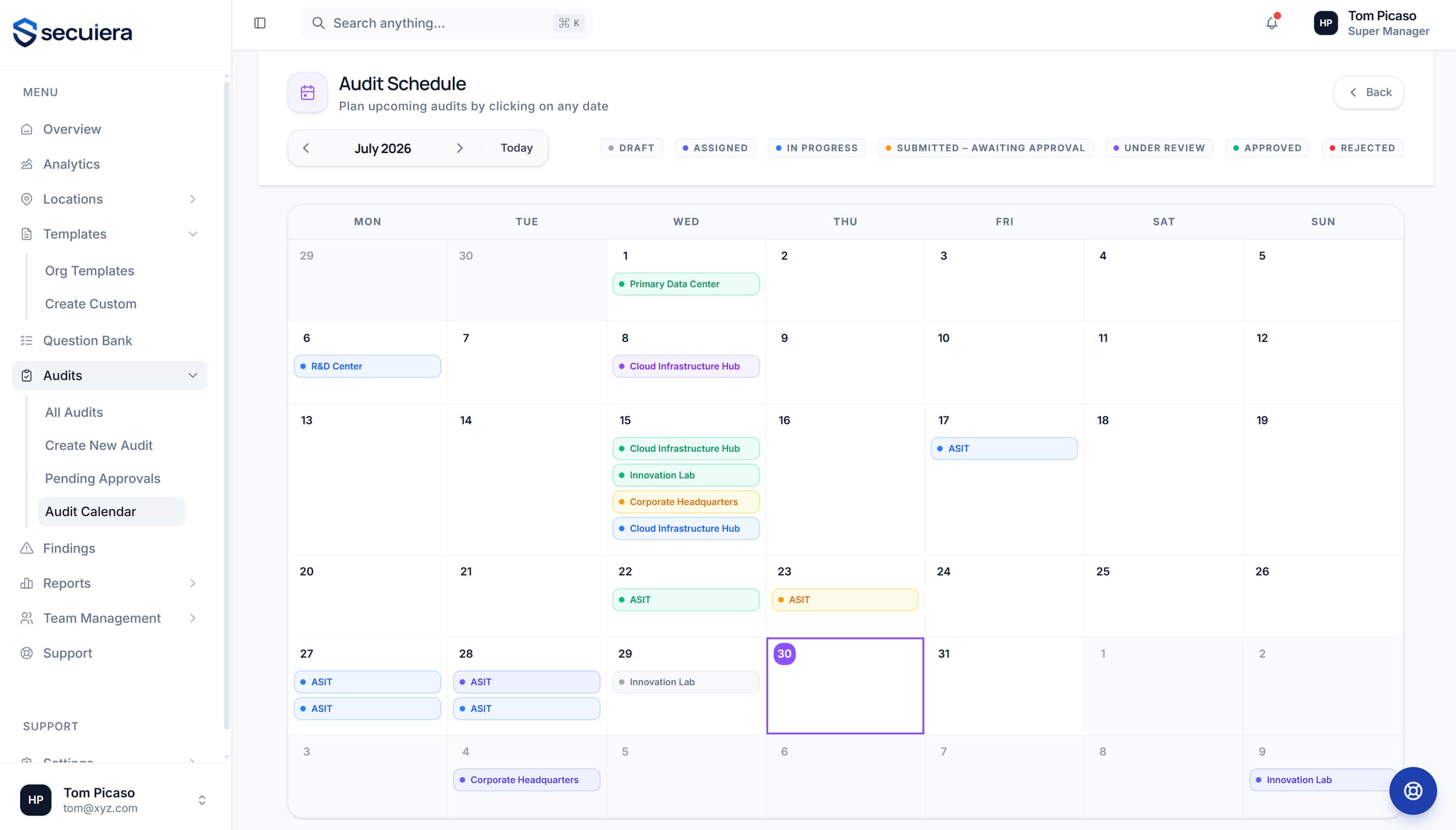 Audit calendar showing scheduled audits across sites