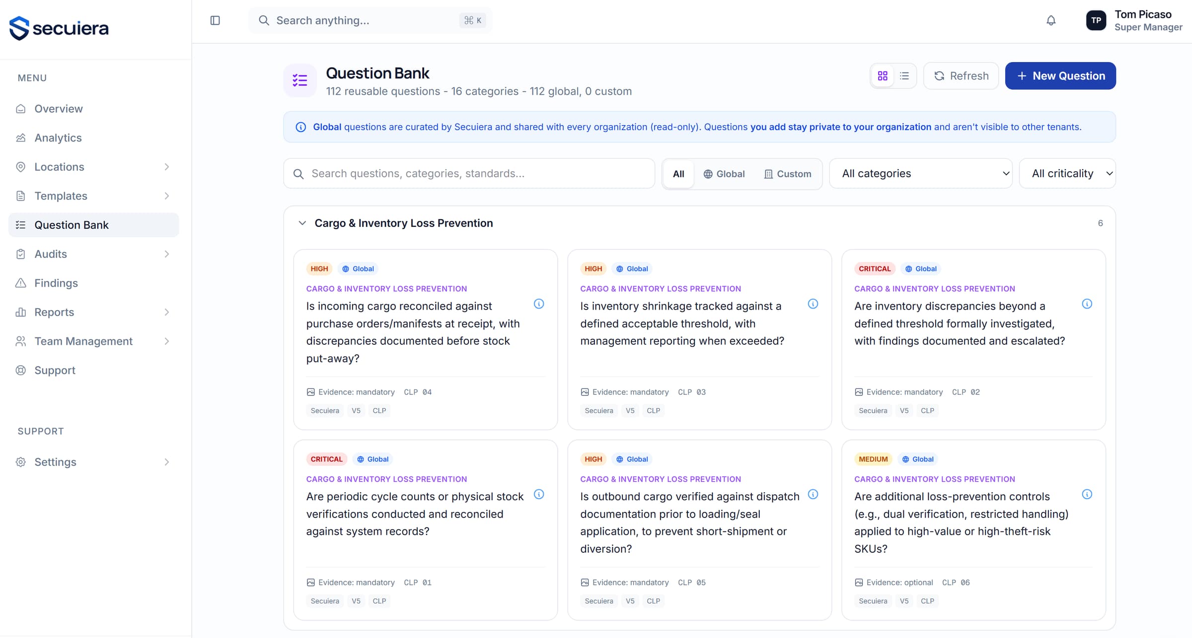 Question bank listing security controls with their category and criticality